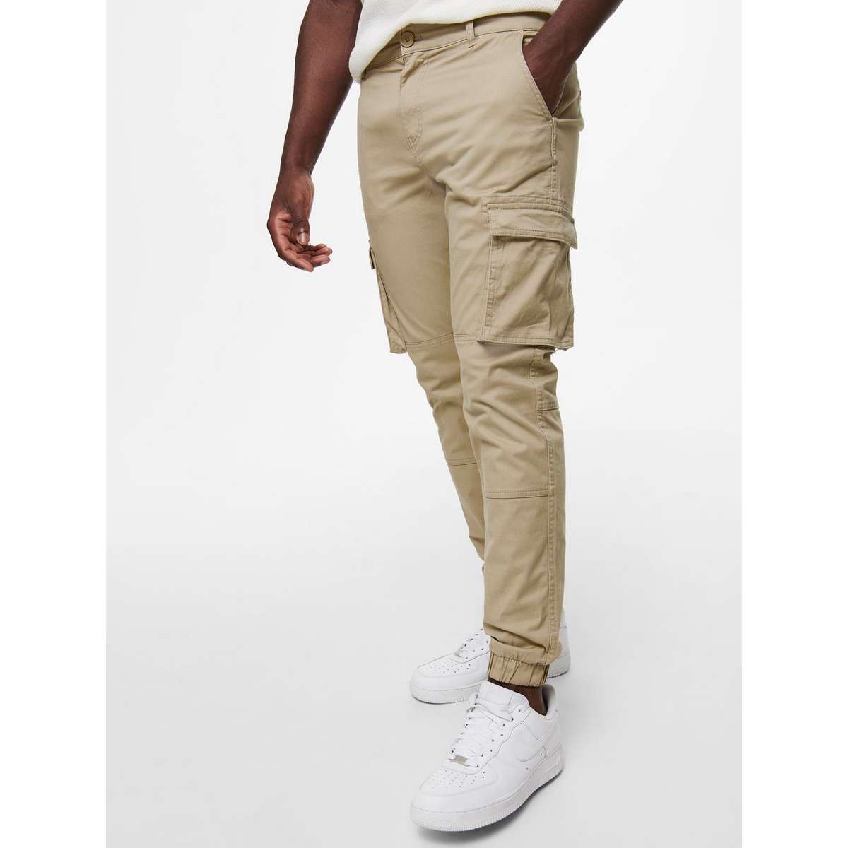ONLY & SONS MEN΄S TAPERED FIT COTTON ELASTICATED HEMS TROUSERS 22016687 CHINCHILLA - Μπεζ - W36 L32
